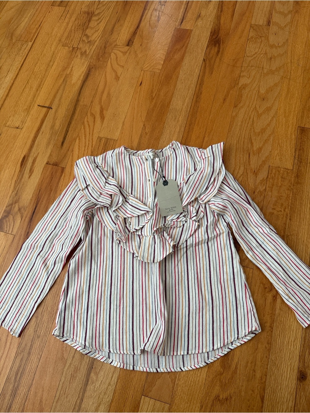 Zara White Long-Sleeve Ruffle Top with Multicolor Stripes